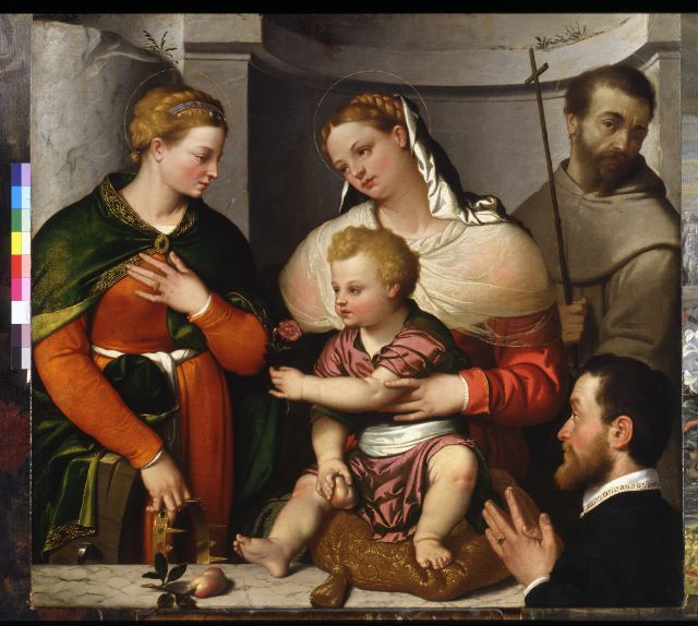 Giovan Battista Moroni, Madonna con Bambino e i Santi Caterina, Francesco e l’offerente, 1550 circa. Milano, Pinacoteca di Brera